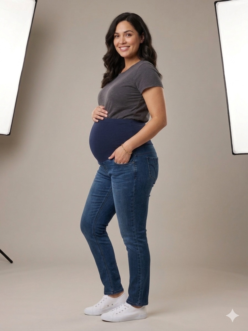 Indigo Blue Straight Leg Maternity Jeans in Medium Blue with Navy Panel